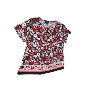 Liz Claiborne Career Short Sleeve Floral Top Gold Bar Neckline Accent Size XL